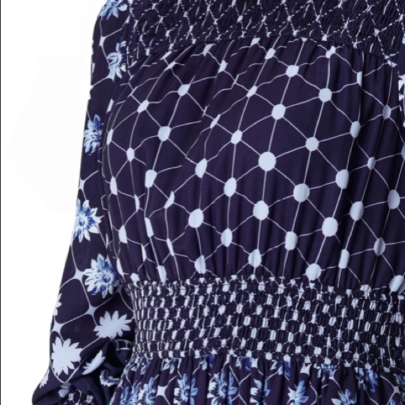 eShakti Floral Geo Print Crepe Smocked Dress - Picture 2 of 5